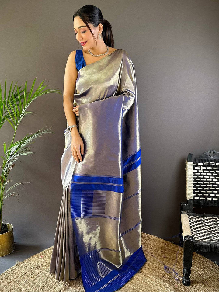 Silver Metallic Soft Silk Saree with Royal Blue Border