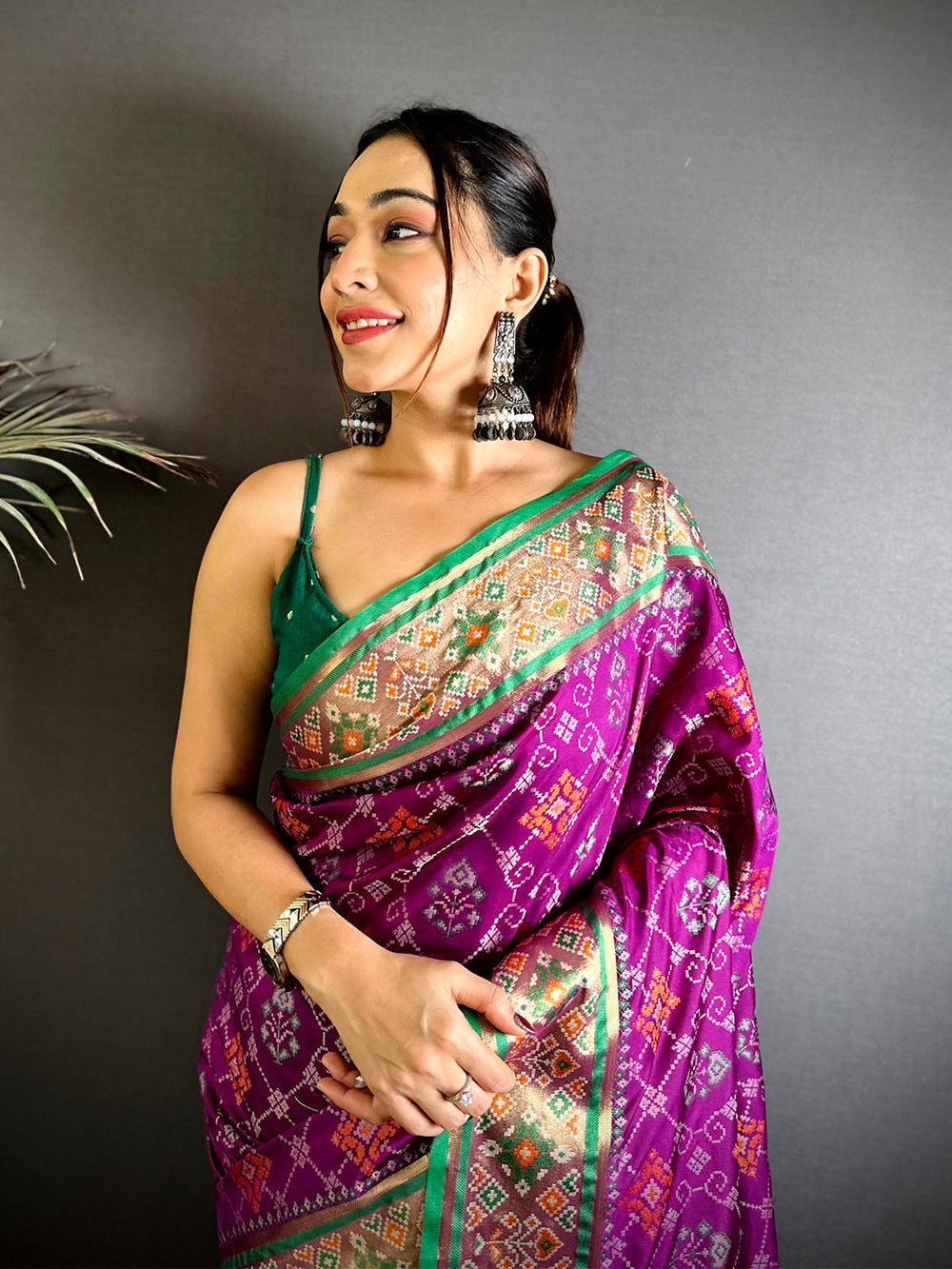 Magenta & Green Patola Print Soft Silk Saree with Contrast Zari Border