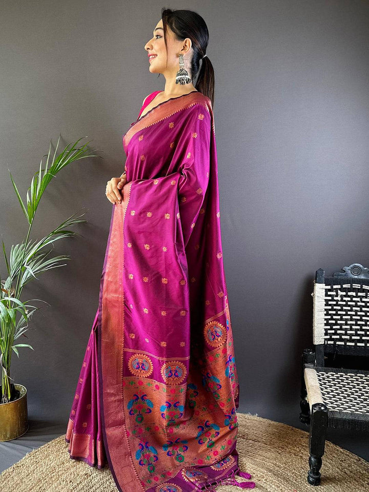 Magenta Banarasi Silk Saree with Zari Border & Multicolor Meenakari Weaving