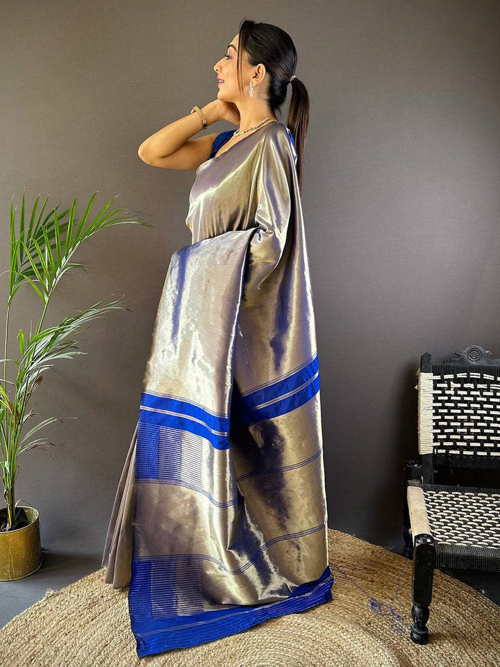 Silver Metallic Soft Silk Saree with Royal Blue Border