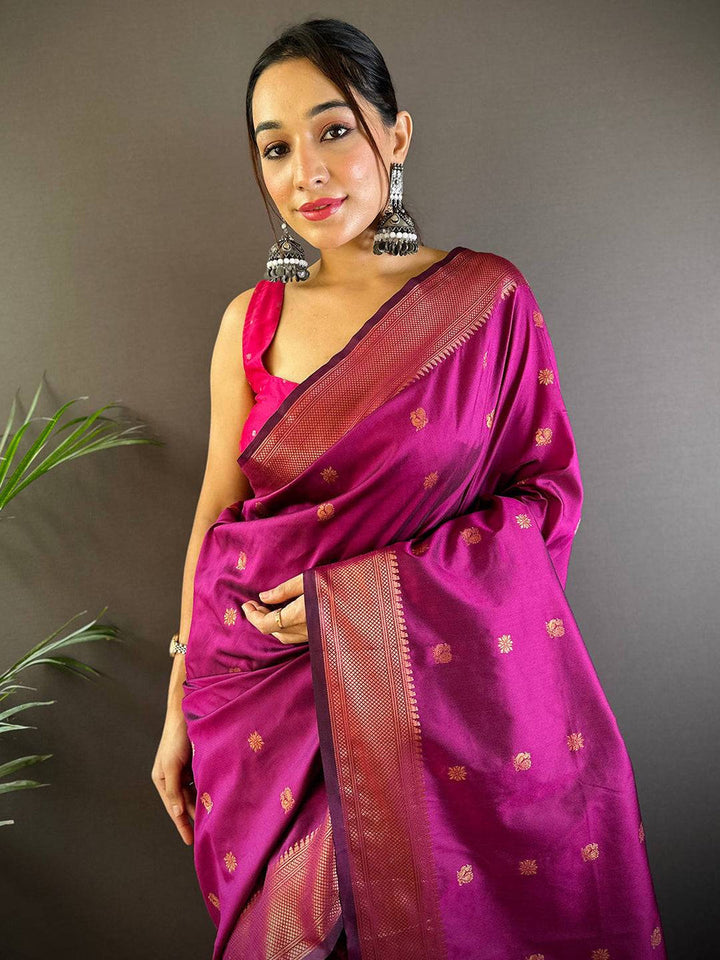 Magenta Banarasi Silk Saree with Zari Border & Multicolor Meenakari Weaving