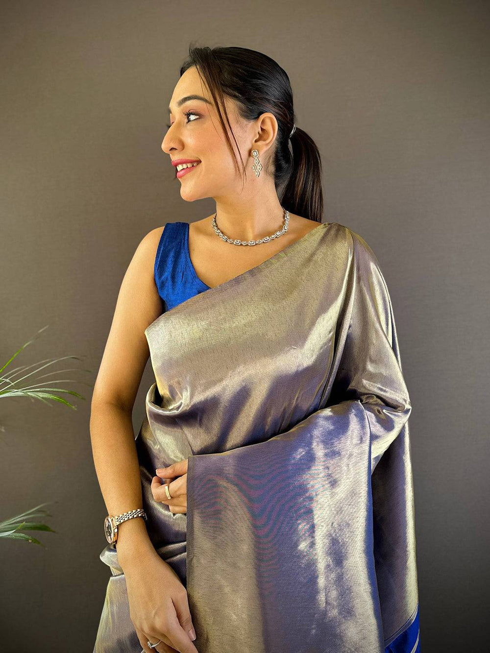 Silver Metallic Soft Silk Saree with Royal Blue Border