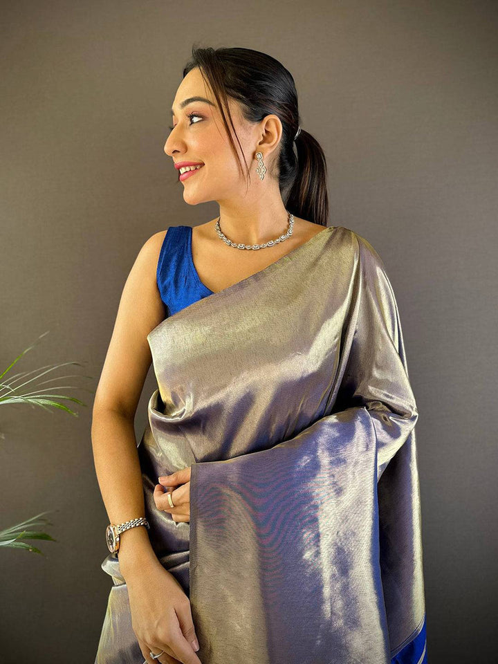 Silver Metallic Soft Silk Saree with Royal Blue Border