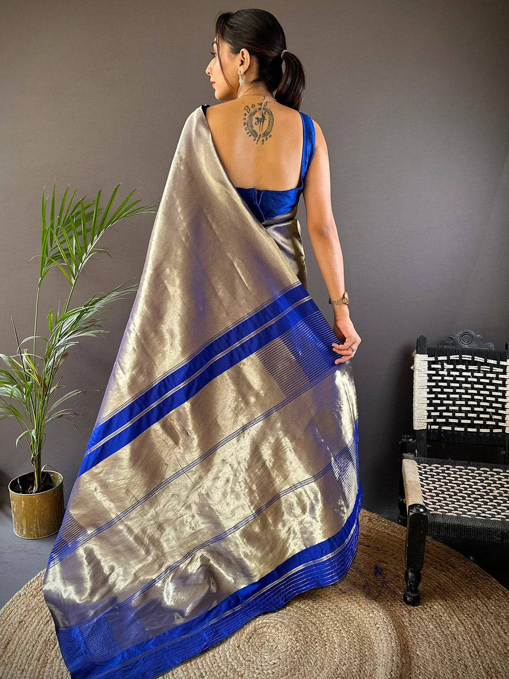 Silver Metallic Soft Silk Saree with Royal Blue Border
