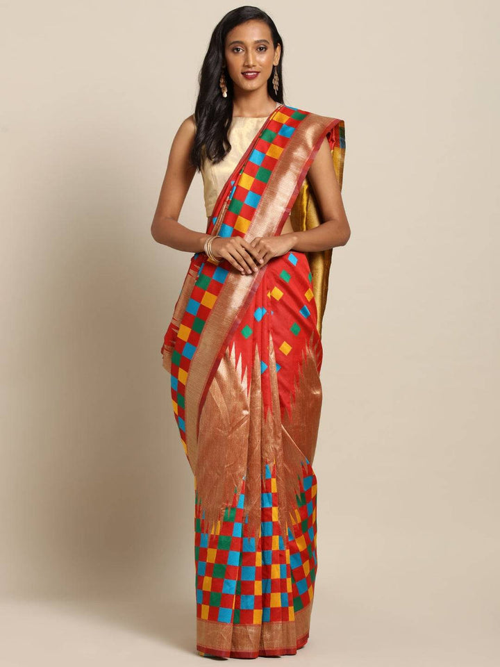 Red Kanjivaram Silk Saree with Multicolor Checks & Golden Zari Pallu