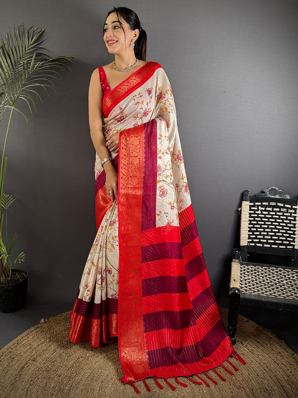 Cream Floral Soft Silk Saree with Red Zari Border & Striped Pallu