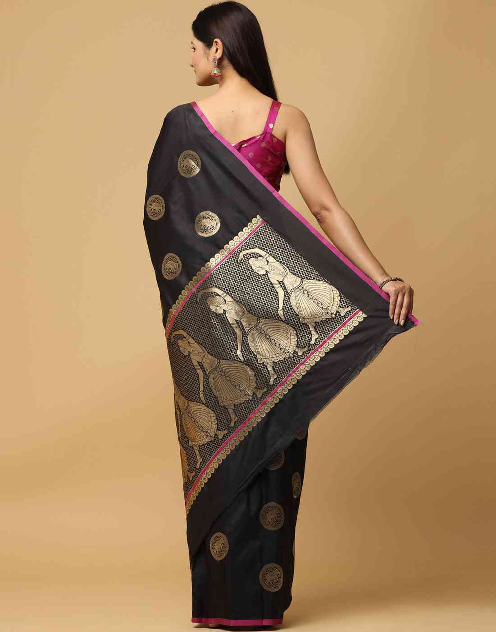 Black Silk Saree with Gold Coin Motifs & Traditional Dancing Lady Border