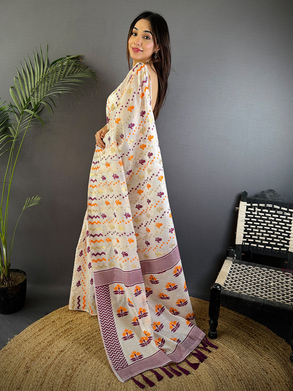 White Printed Linen Silk Saree with Multicolor Floral & Zig Zag Design and Purple Border