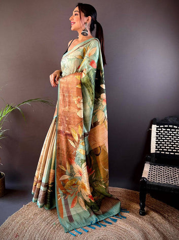 Pastel Green Linen Silk Saree with Artistic Floral Print & Copper Textured Pallu
