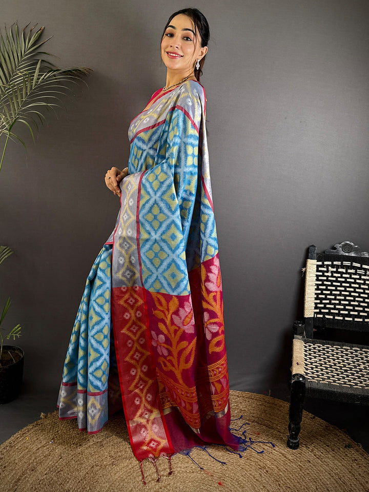 Blue & Red Ikat Print Soft Silk Saree with Contrast Pallu