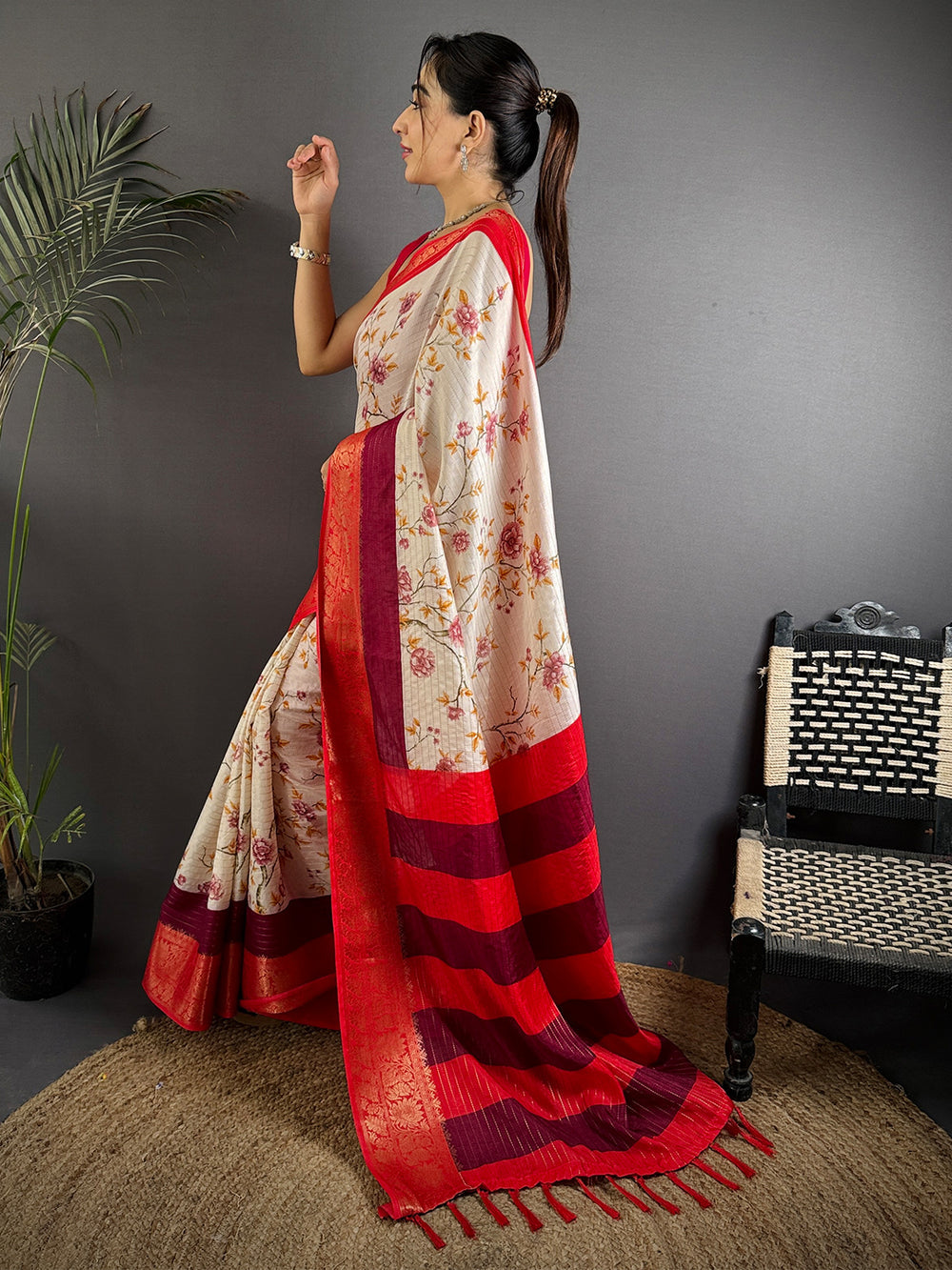 Cream Floral Soft Silk Saree with Red Zari Border & Striped Pallu