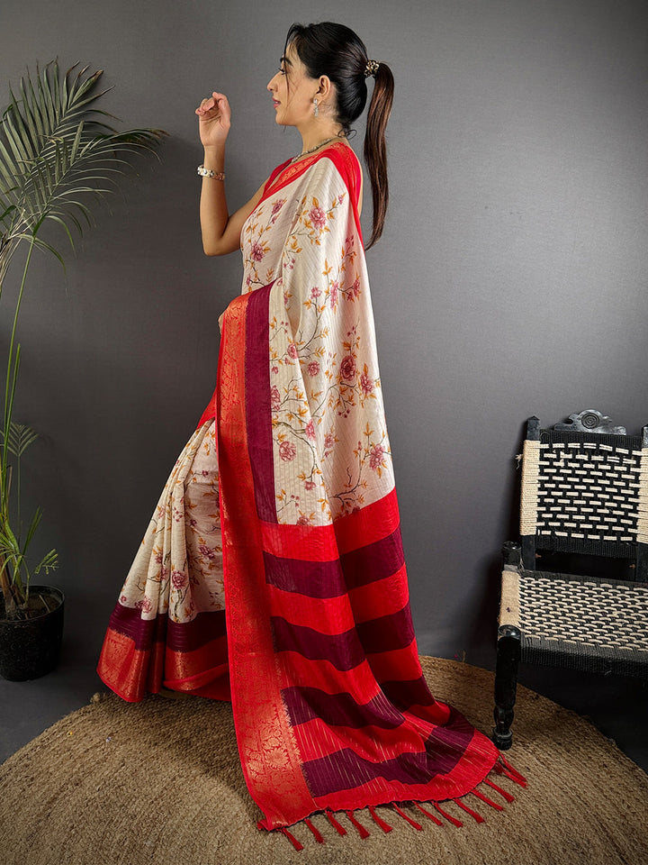 Cream Floral Soft Silk Saree with Red Zari Border & Striped Pallu