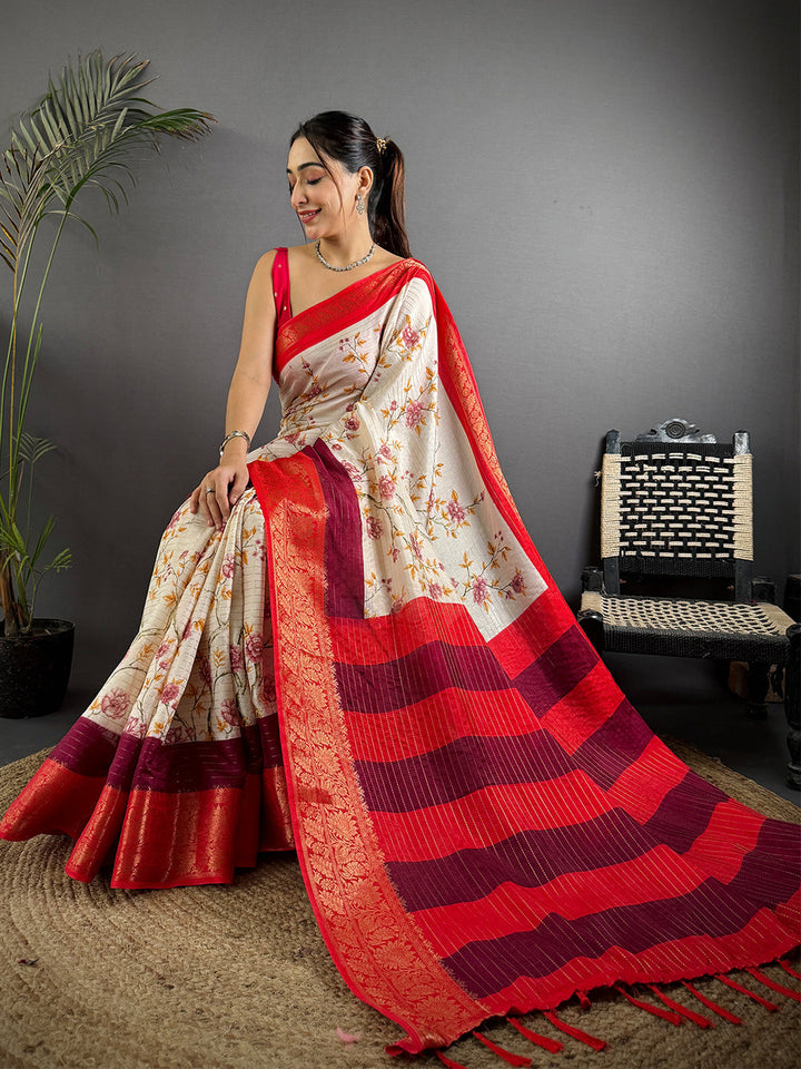 Cream Floral Soft Silk Saree with Red Zari Border & Striped Pallu