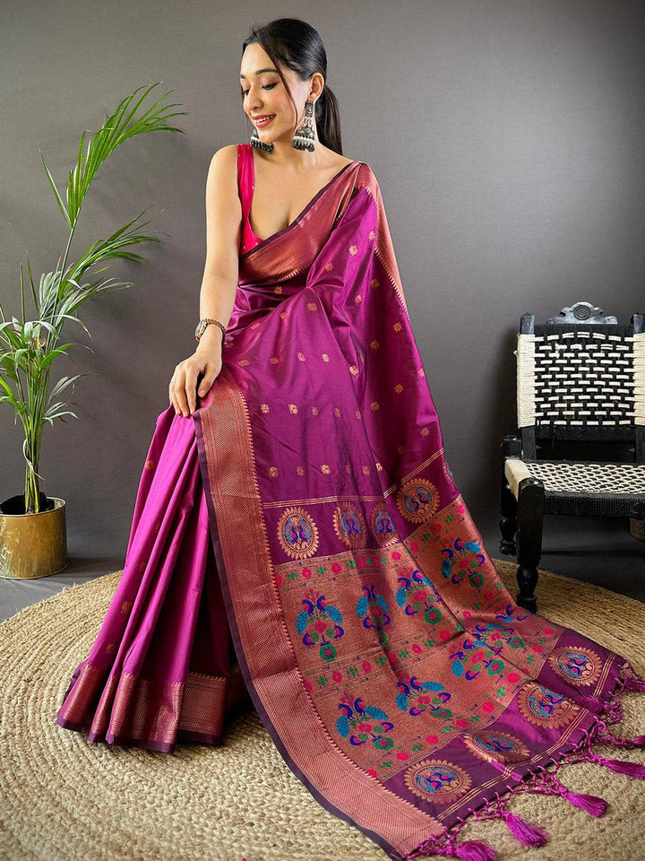 Magenta Banarasi Silk Saree with Zari Border & Multicolor Meenakari Weaving