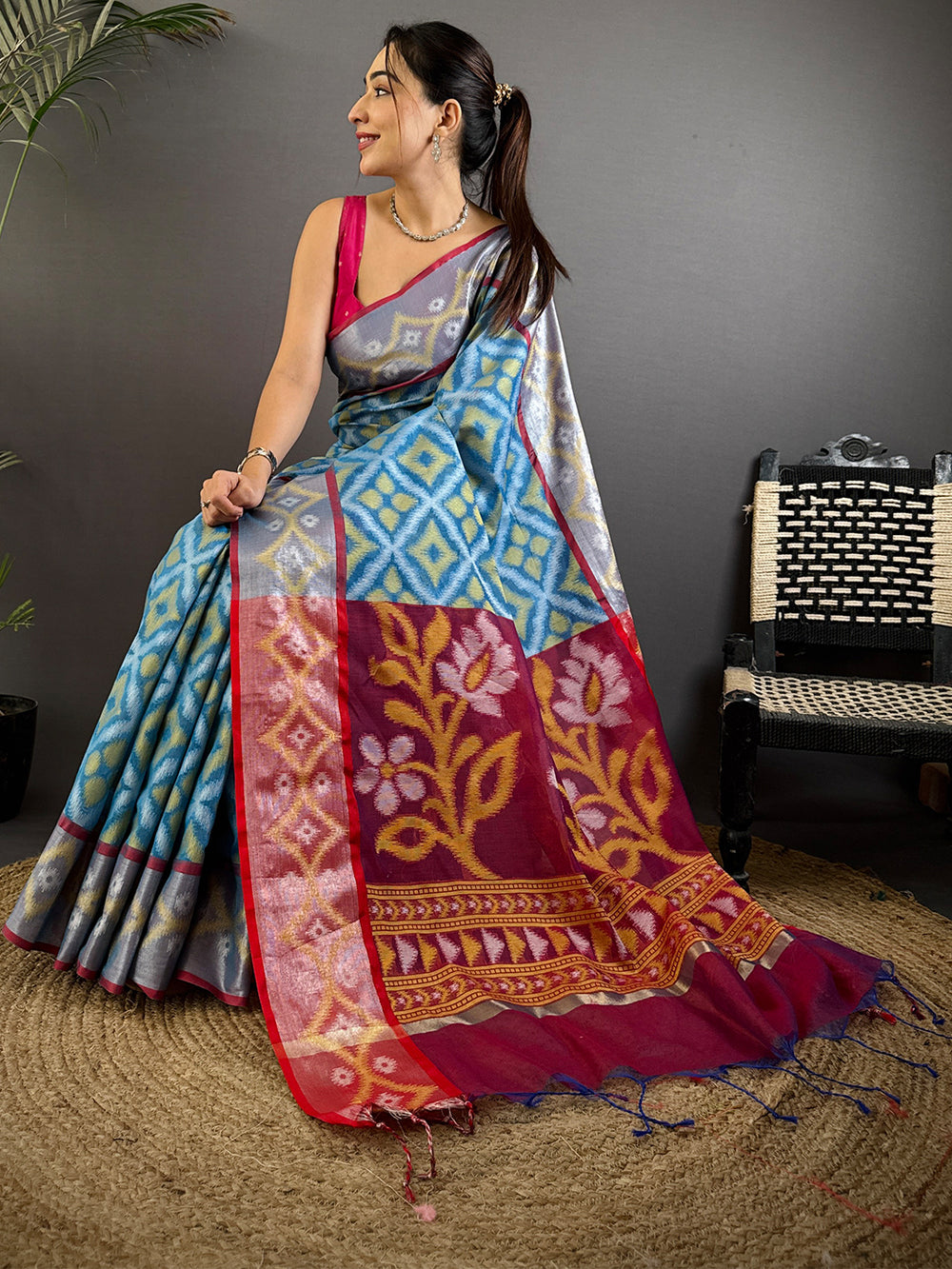 Blue & Red Ikat Print Soft Silk Saree with Contrast Pallu