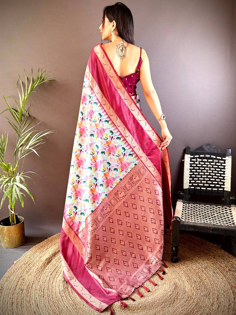 Maroon Soft Silk Saree with Floral Print & Gold Zari Border