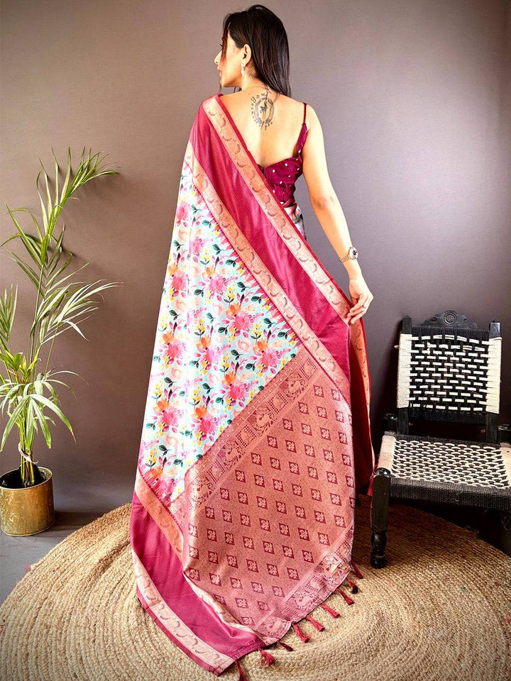 Maroon Soft Silk Saree with Floral Print & Gold Zari Border