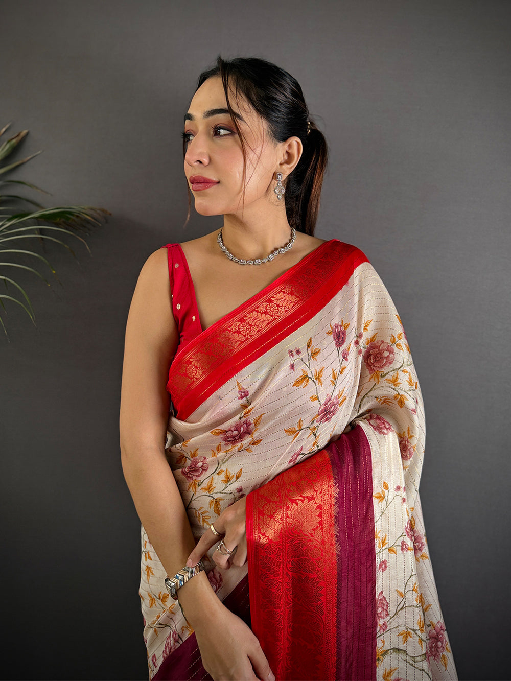 Cream Floral Soft Silk Saree with Red Zari Border & Striped Pallu