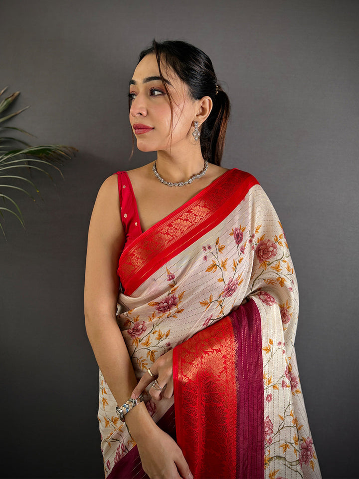 Cream Floral Soft Silk Saree with Red Zari Border & Striped Pallu