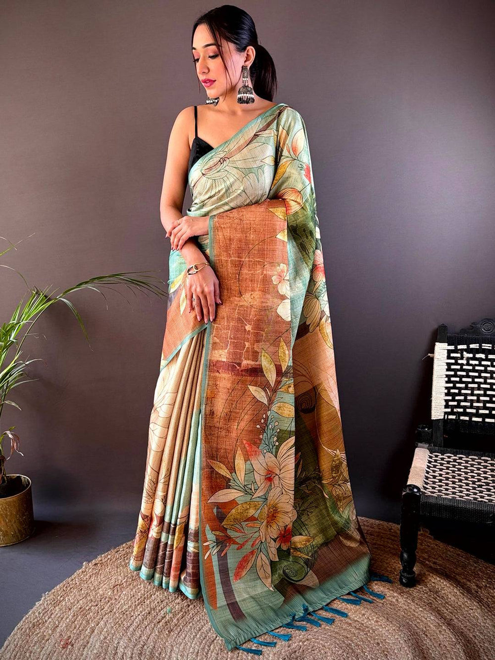 Pastel Green Linen Silk Saree with Artistic Floral Print & Copper Textured Pallu