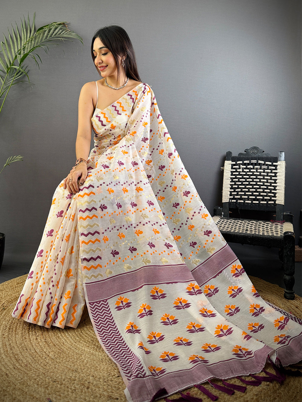 White Printed Linen Silk Saree with Multicolor Floral & Zig Zag Design and Purple Border