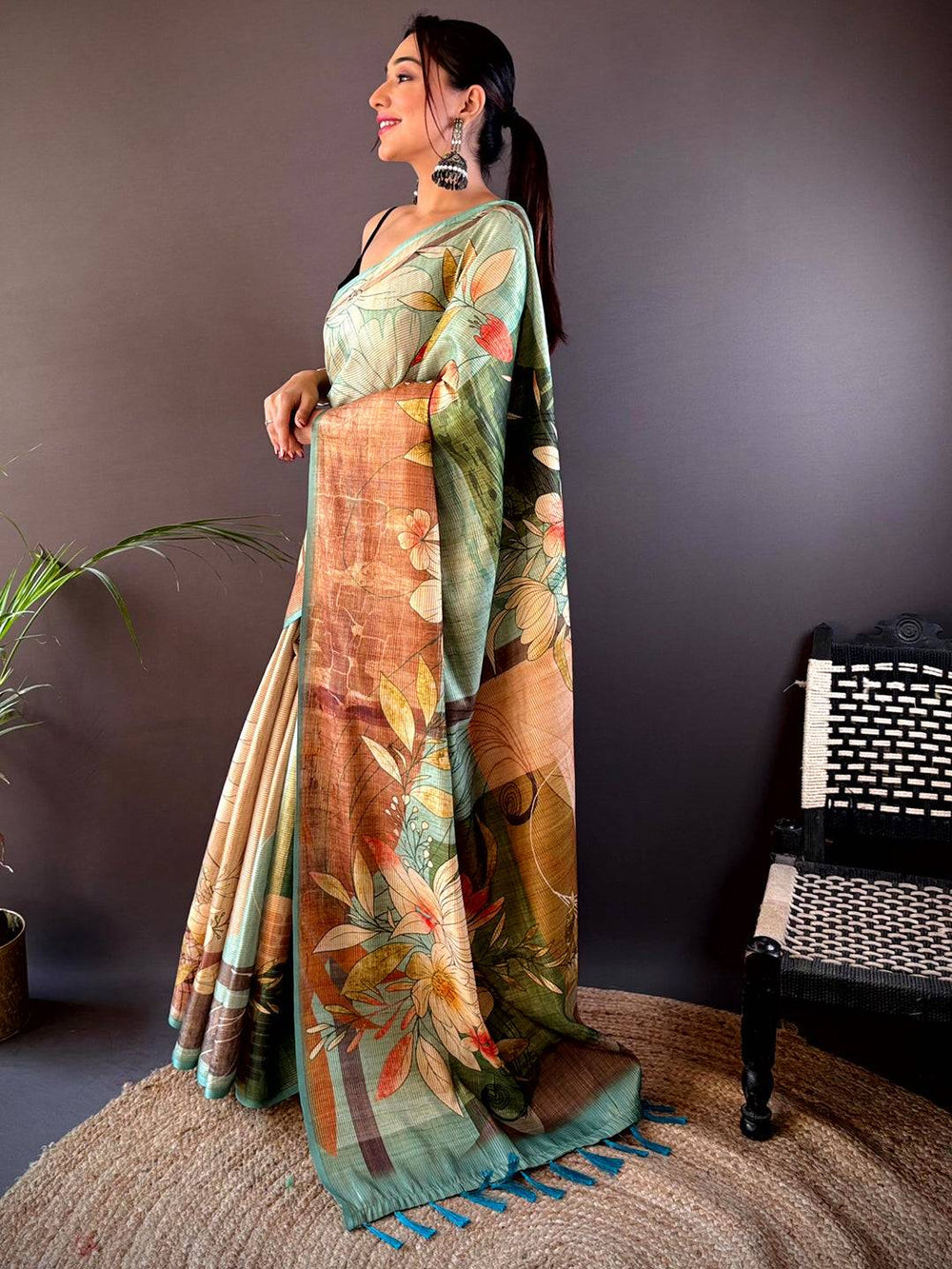 Pastel Green Linen Silk Saree with Artistic Floral Print & Copper Textured Pallu