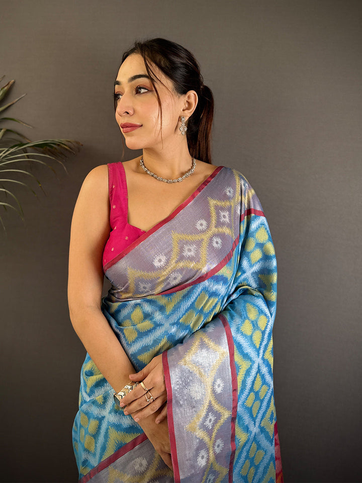 Blue & Red Ikat Print Soft Silk Saree with Contrast Pallu