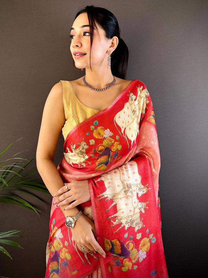 Red Linen Silk Saree with Artistic Cow Print & Floral Detailing