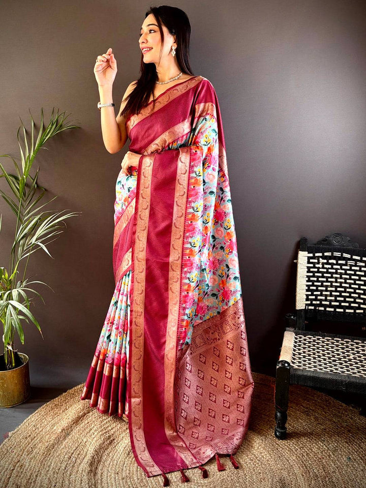 Maroon Soft Silk Saree with Floral Print & Gold Zari Border