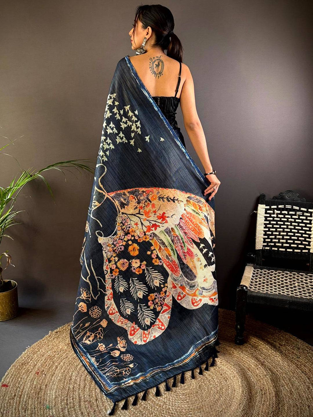 Black Linen Silk Saree with Abstract Floral Print & Contrast Artistic Border