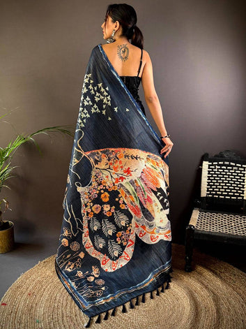 Black Linen Silk Saree with Abstract Floral Print & Contrast Artistic Border