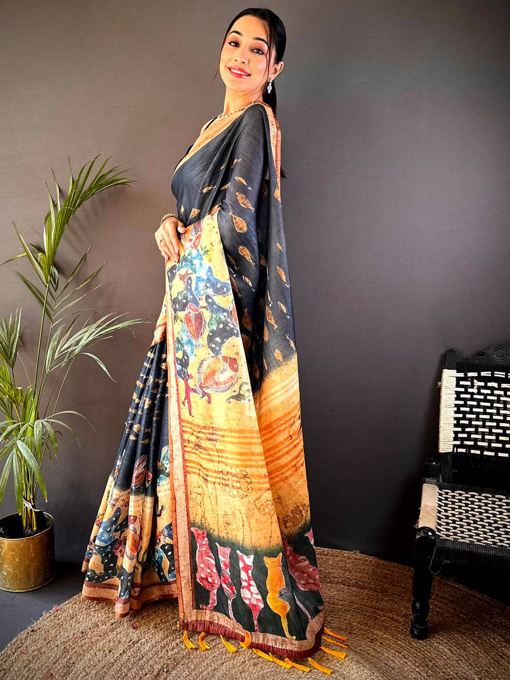 Black Linen Silk Saree with Artistic Village Print & Multicolor Folk Motifs