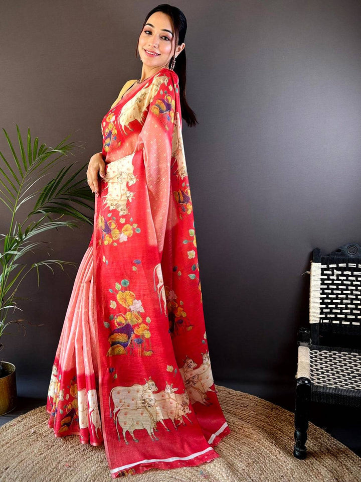 Red Linen Silk Saree with Artistic Cow Print & Floral Detailing