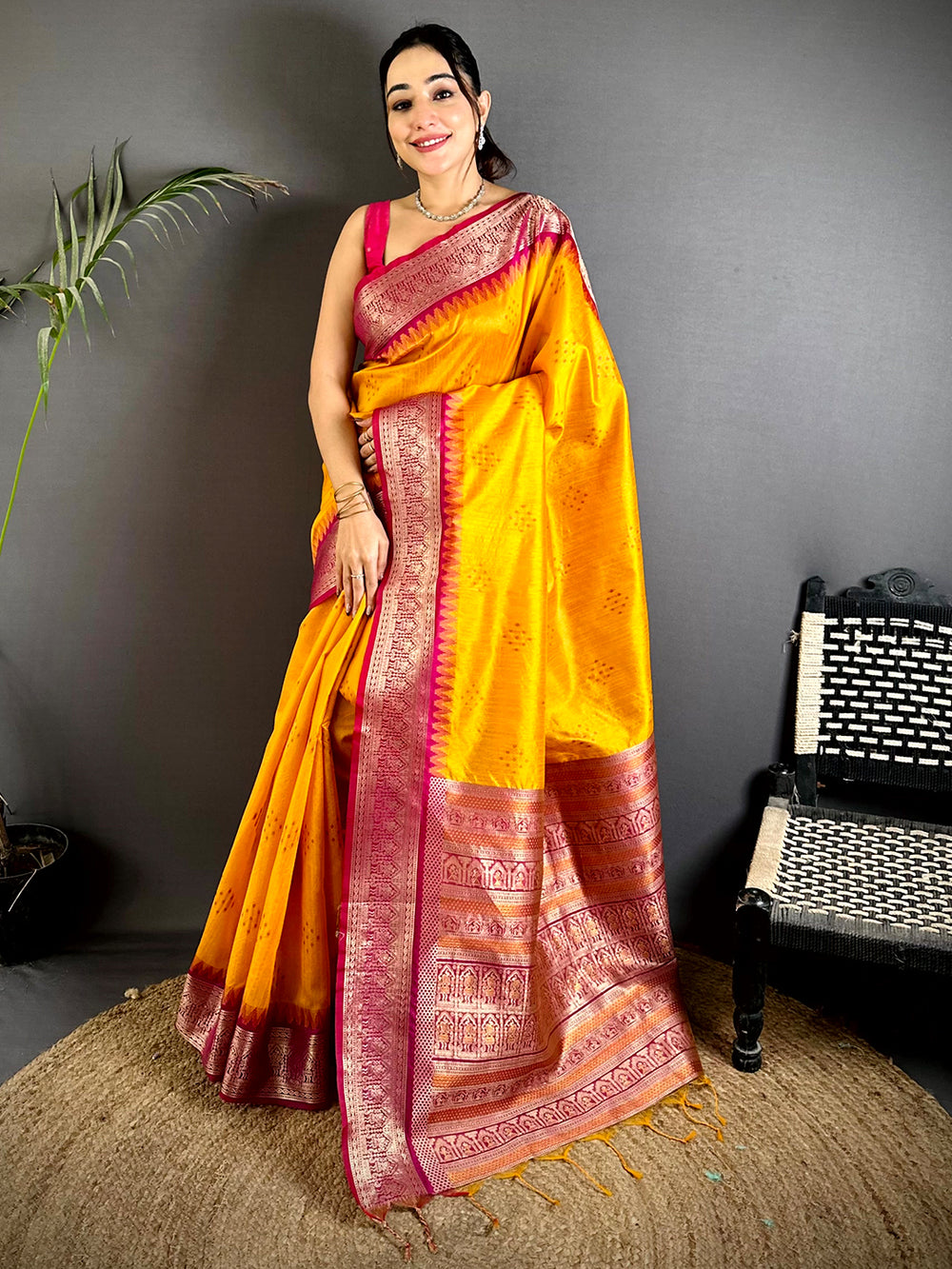 Bright Yellow Banarasi Soft Silk Saree with Pink Zari Border & Traditional Pallu