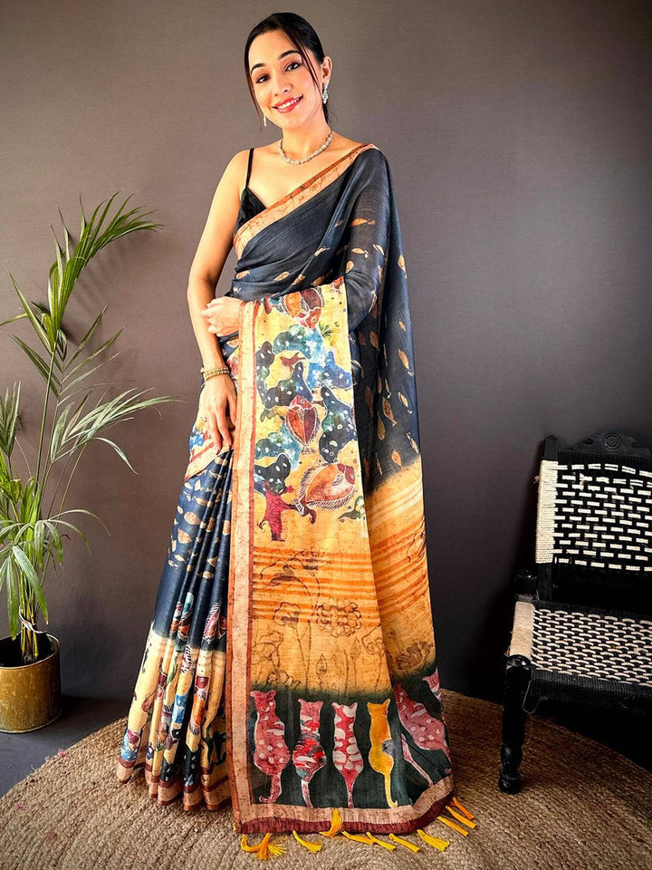 Black Linen Silk Saree with Artistic Village Print & Multicolor Folk Motifs