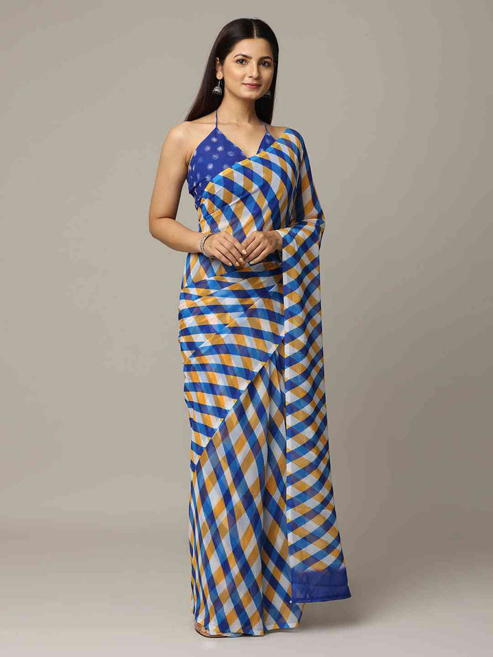 Blue & Mustard Checked Printed Georgette Saree with Contrast Halter Blouse
