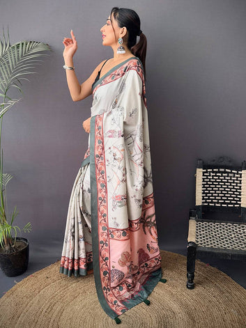 Grey & Peach Printed Soft Silk Saree with Artistic Border & Tassel Pallu
