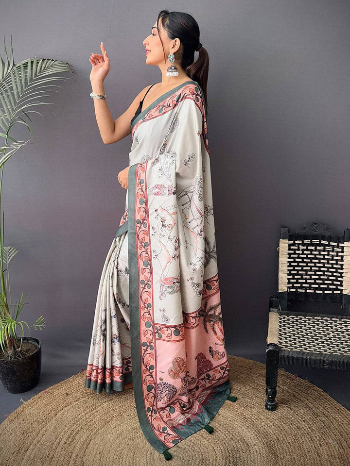 Grey & Peach Printed Soft Silk Saree with Artistic Border & Tassel Pallu