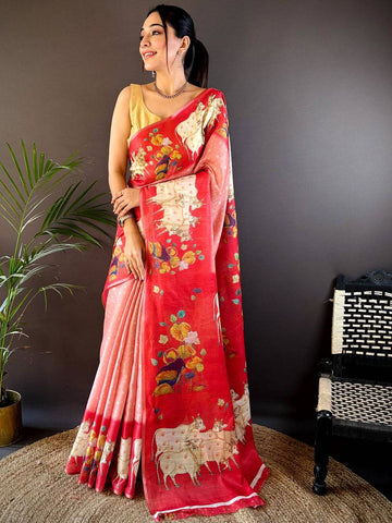 Red Linen Silk Saree with Artistic Cow Print & Floral Detailing