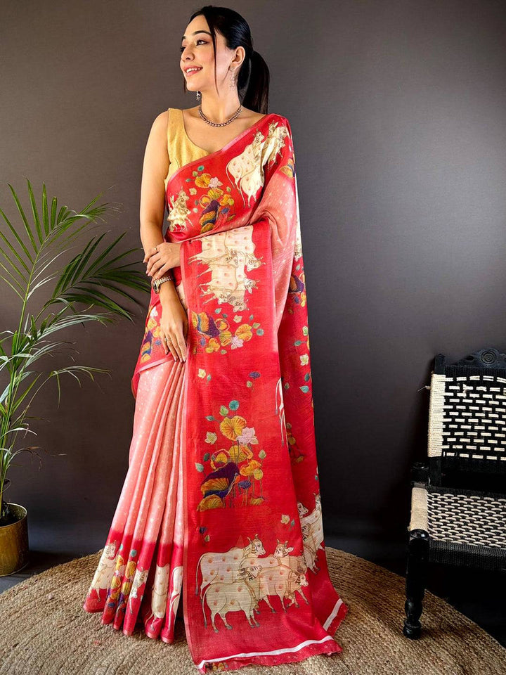 Red Linen Silk Saree with Artistic Cow Print & Floral Detailing