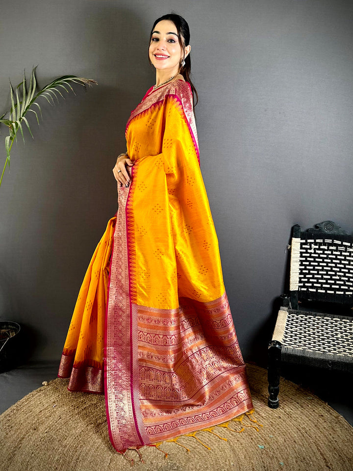 Bright Yellow Banarasi Soft Silk Saree with Pink Zari Border & Traditional Pallu