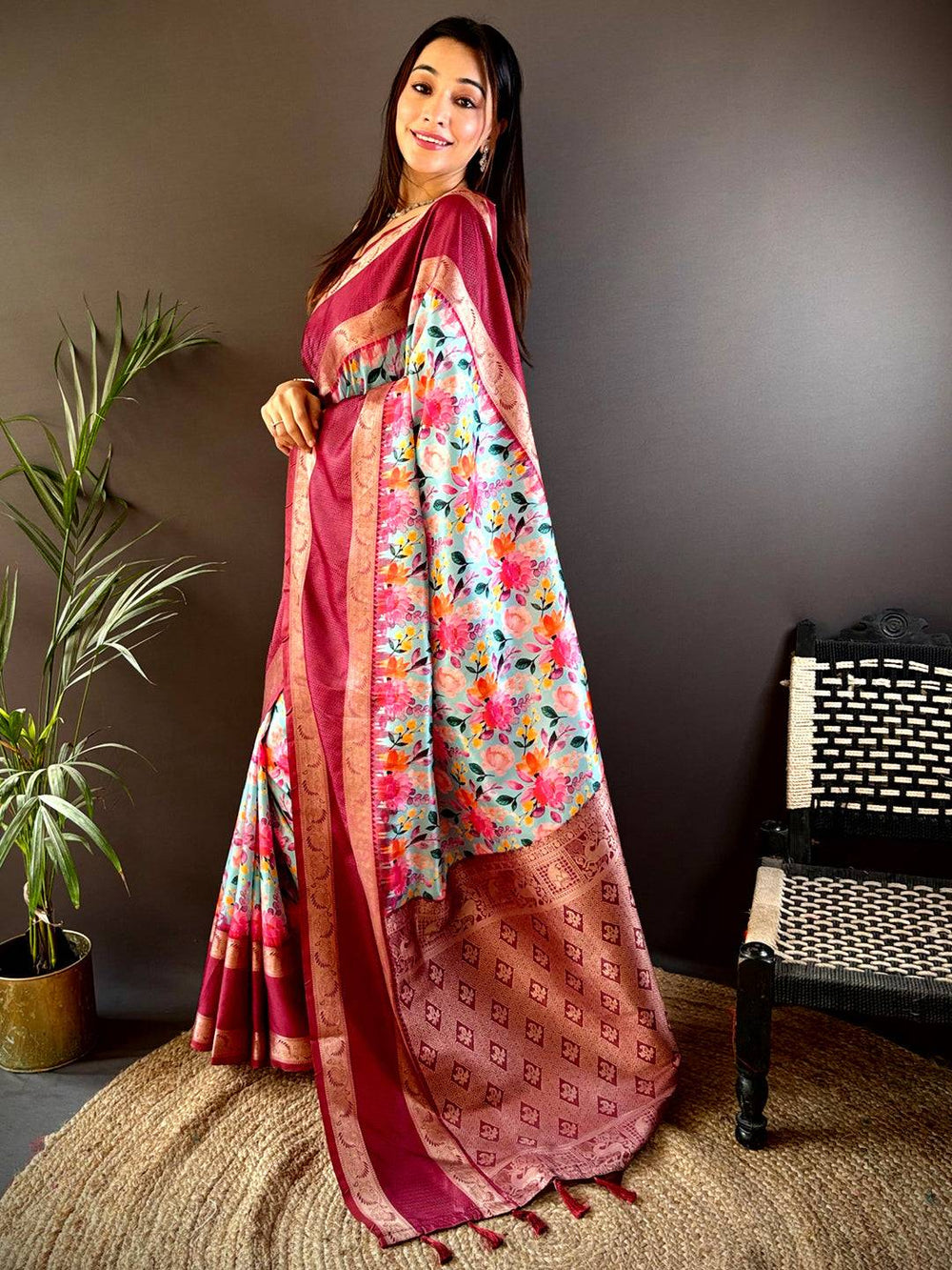 Maroon Soft Silk Saree with Floral Print & Gold Zari Border