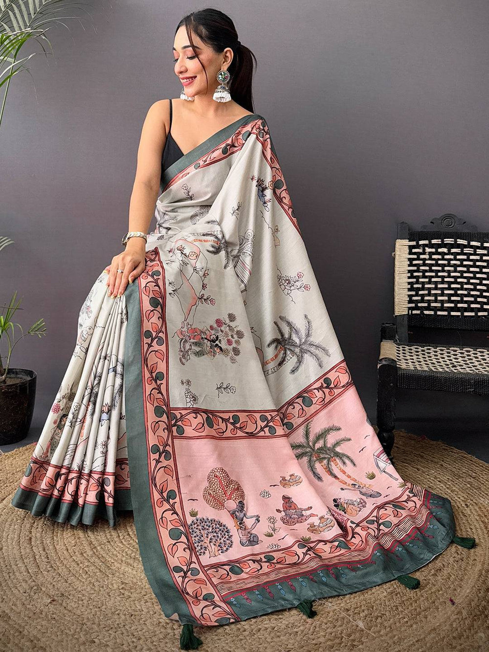 Grey & Peach Printed Soft Silk Saree with Artistic Border & Tassel Pallu