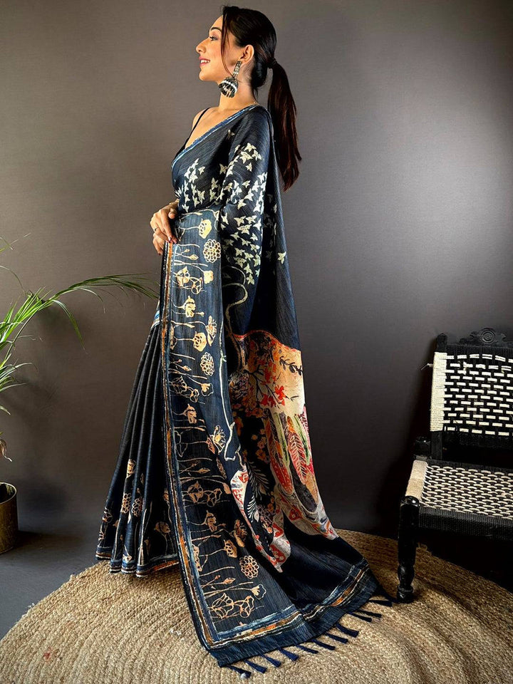 Black Linen Silk Saree with Abstract Floral Print & Contrast Artistic Border
