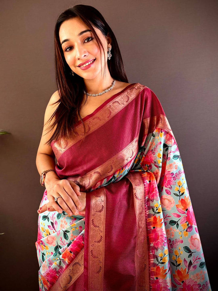 Maroon Soft Silk Saree with Floral Print & Gold Zari Border