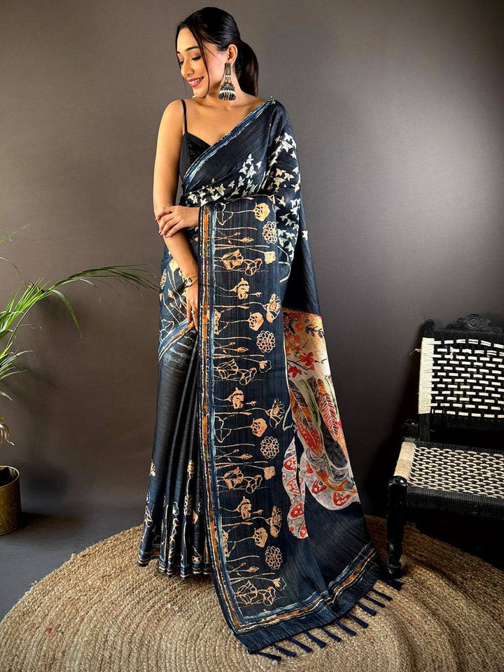 Black Linen Silk Saree with Abstract Floral Print & Contrast Artistic Border