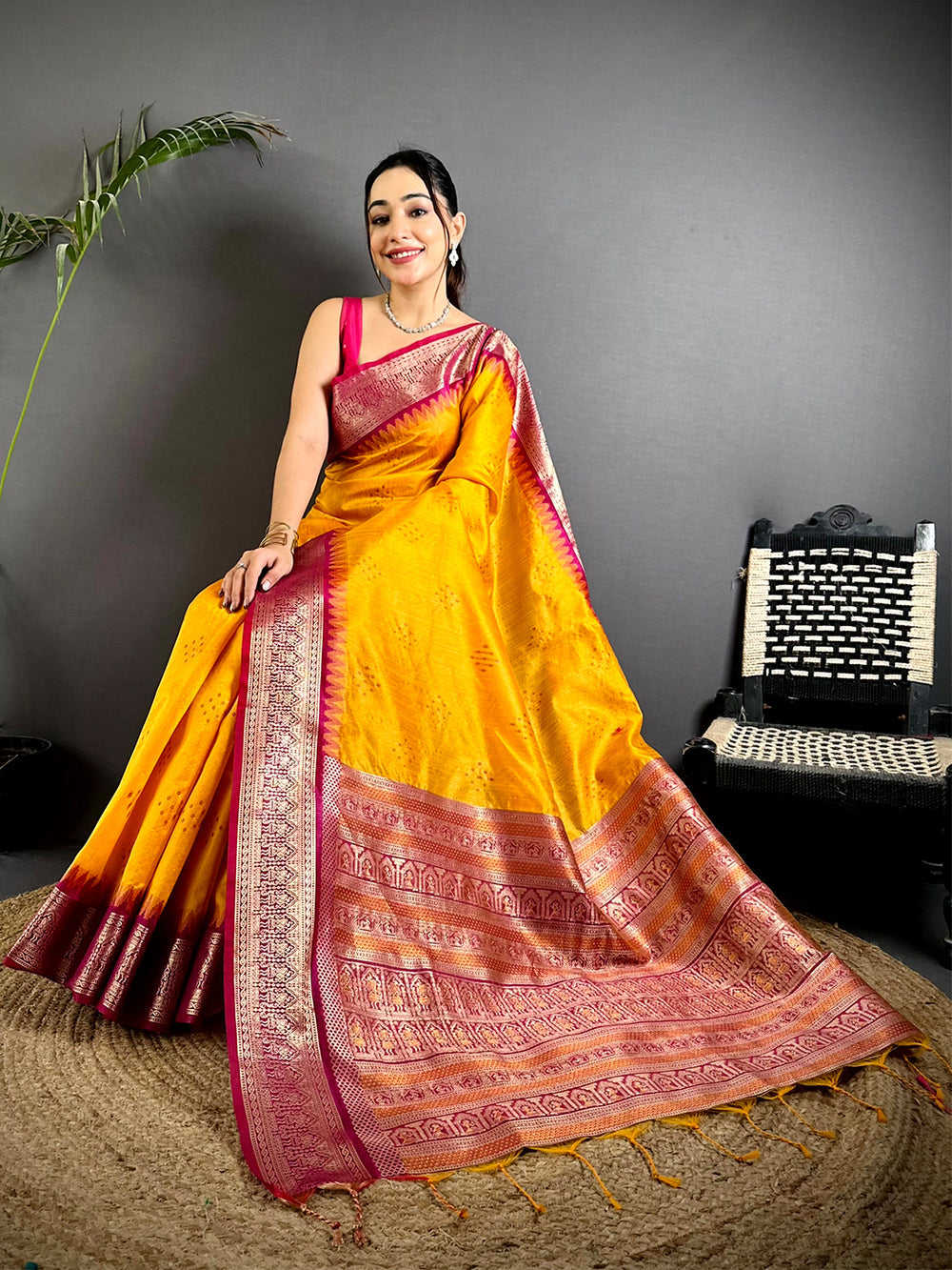 Bright Yellow Banarasi Soft Silk Saree with Pink Zari Border & Traditional Pallu