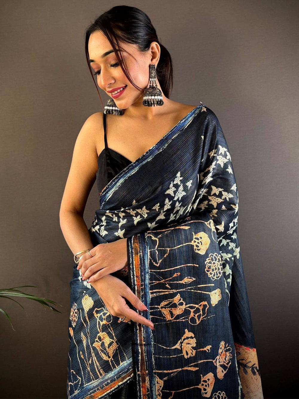 Black Linen Silk Saree with Abstract Floral Print & Contrast Artistic Border