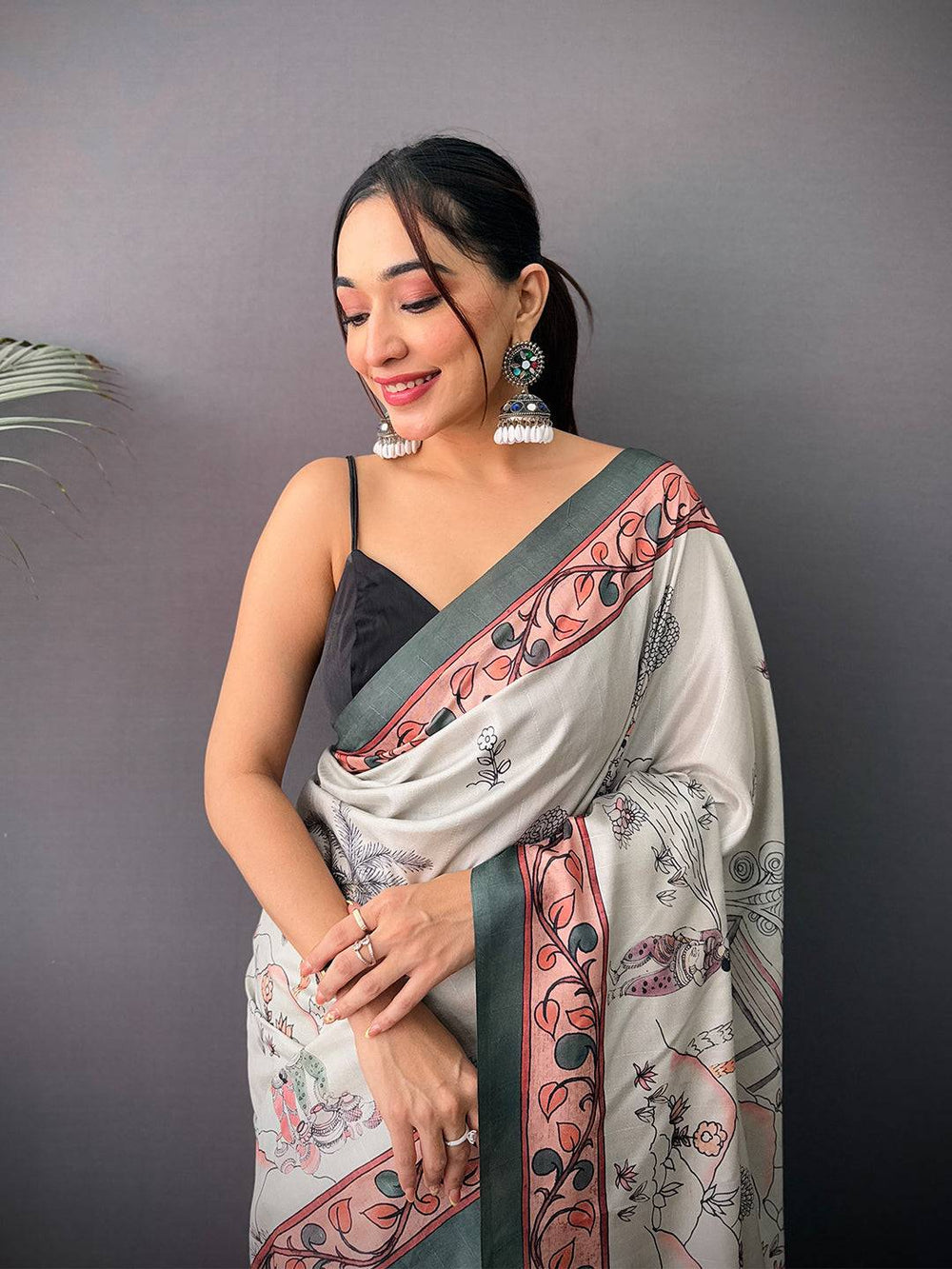 Grey & Peach Printed Soft Silk Saree with Artistic Border & Tassel Pallu