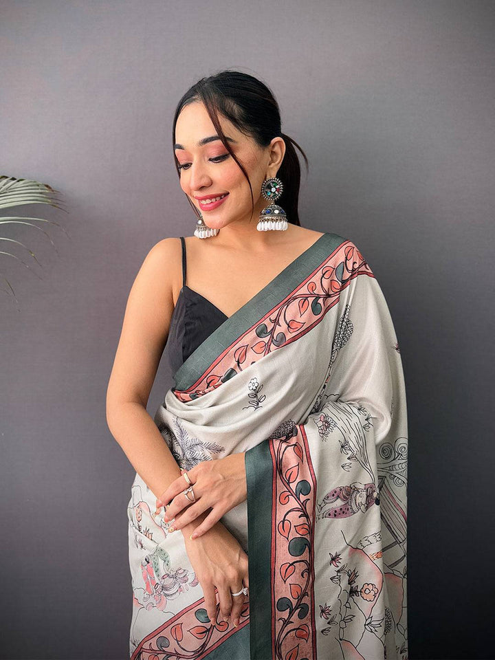 Grey & Peach Printed Soft Silk Saree with Artistic Border & Tassel Pallu